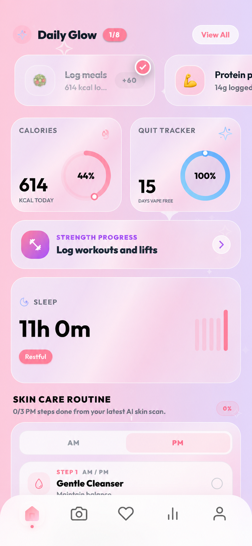 Diva Daily Glow dashboard with calorie, sleep, movement, and skincare routine cards
