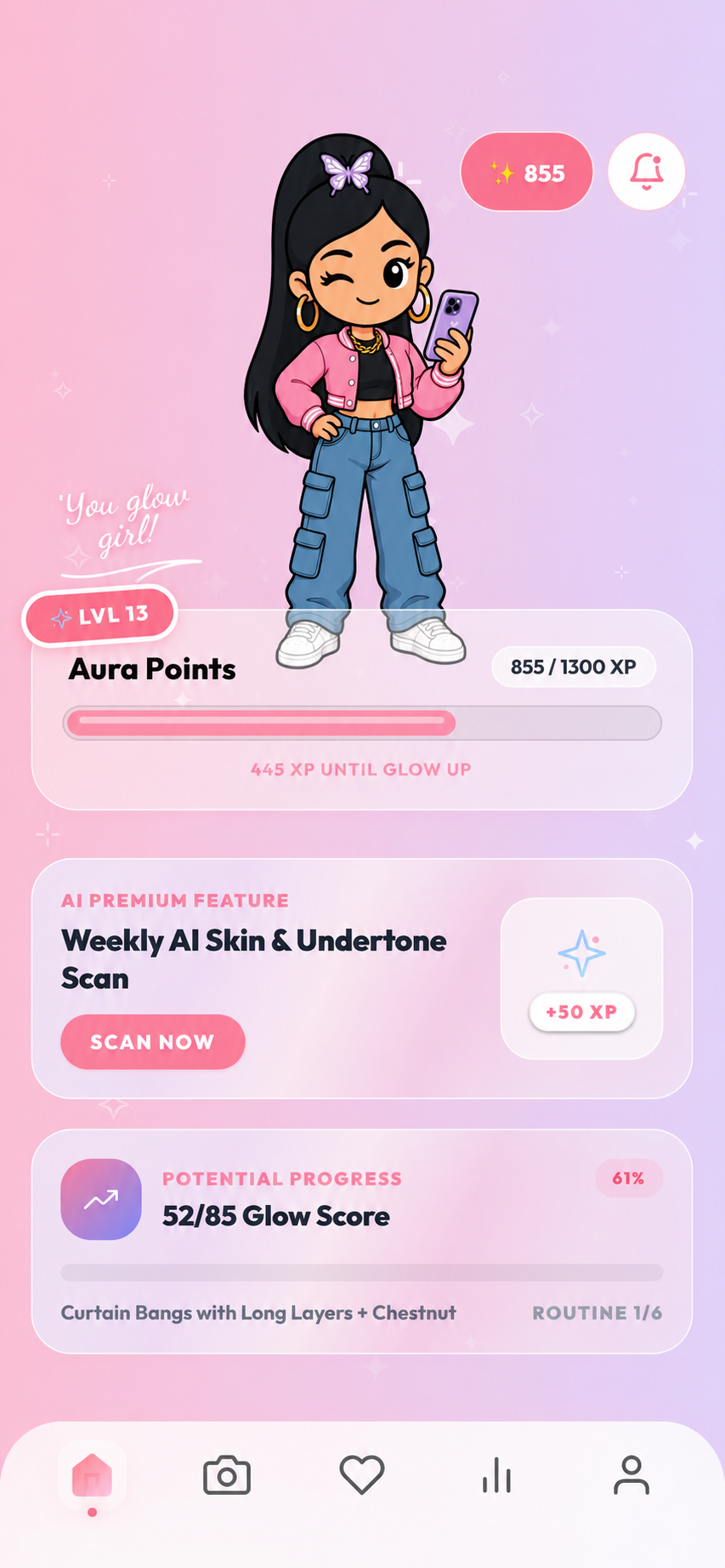 Diva home screen with Aura Points and a beauty scan shortcut