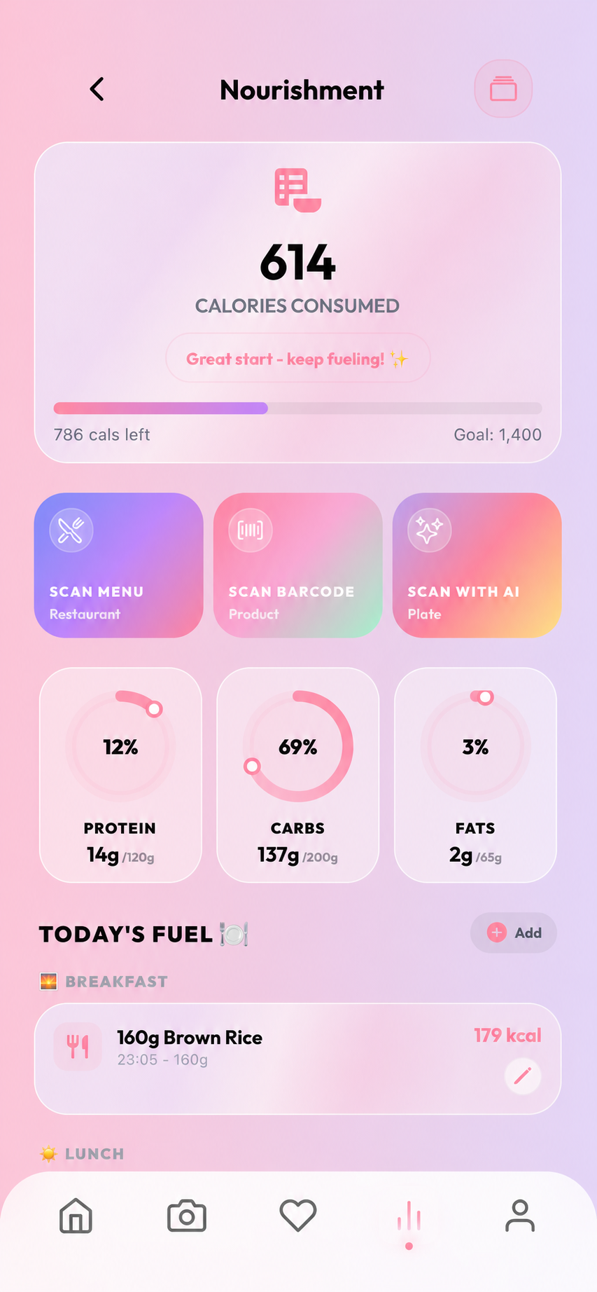 Diva Nourishment screen with calories, macros, and meals
