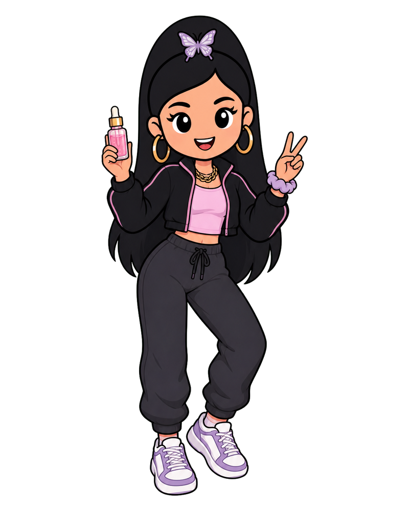 Diva's illustrated guide holding a skincare serum and giving a peace sign